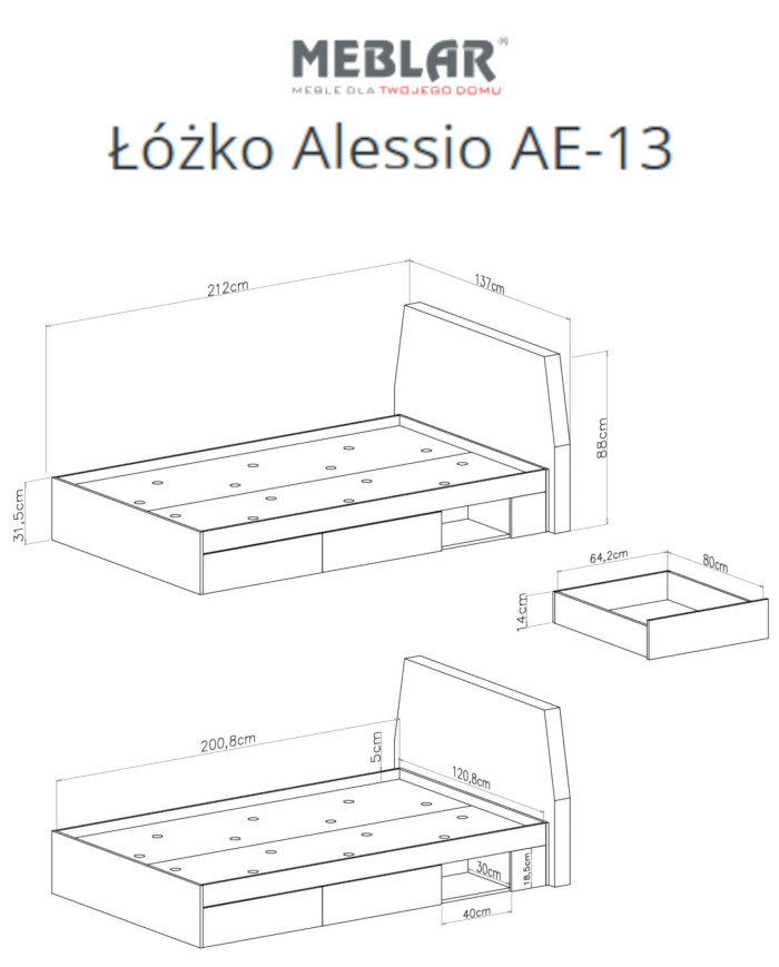 Łóżko Alessio AE13, powierzchnia spania 120x200 cm, Beż piaskowy/ Dąb olejowany, MEBLAR