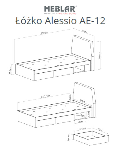 Łóżko Alessio AE12, powierzchnia spania 90x200 cm, Beż piaskowy/ Dąb olejowany, MEBLAR