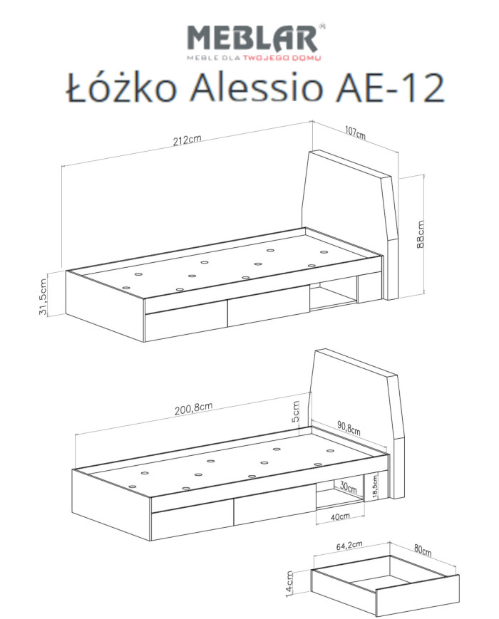 Łóżko Alessio AE12, powierzchnia spania 90x200 cm, Eukaliptus/ Dąb baltic dune, MEBLAR