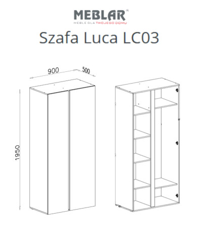 Szafa Luca LC03, dwudrzwiowa, z drążkiem i półkami, Beż piaskowy/ Dąb olejowany, MEBLAR