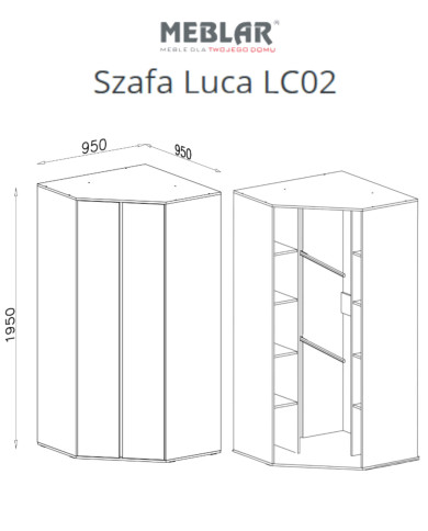 Szafa narożna Luca LC02, dwudrzwiowa, półki wewnętrzne, drążki, Eukaliptus/ Dąb baltic dune, MEBIN
