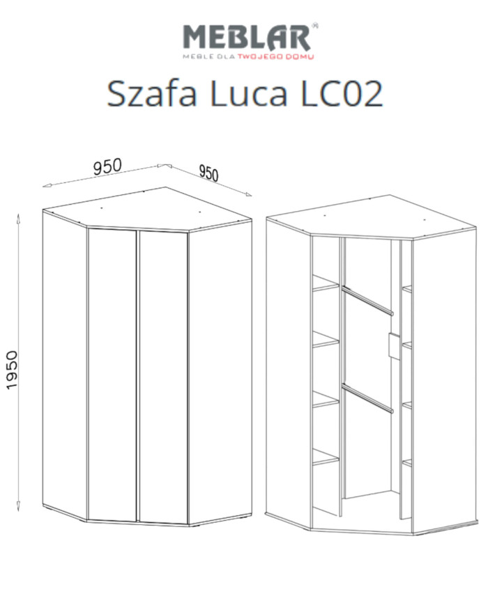 Szafa narożna Luca LC02, dwudrzwiowa, półki wewnętrzne, drążki, Eukaliptus/ Dąb baltic dune, MEBIN