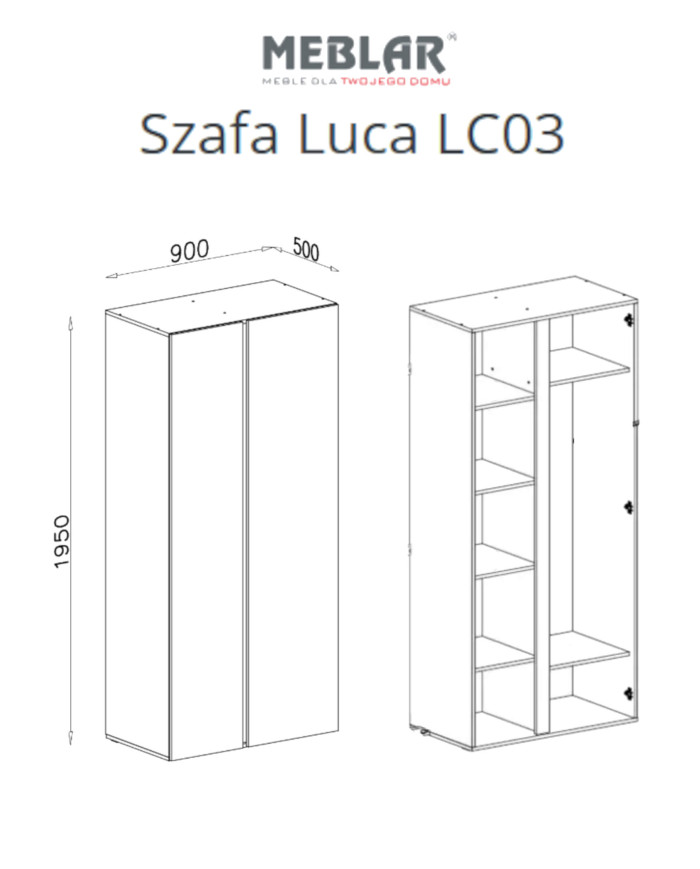 Szafa Luca LC03, dwudrzwiowa, z drążkiem i półkami, Eukaliptus/ Dąb baltic dune, MEBLAR