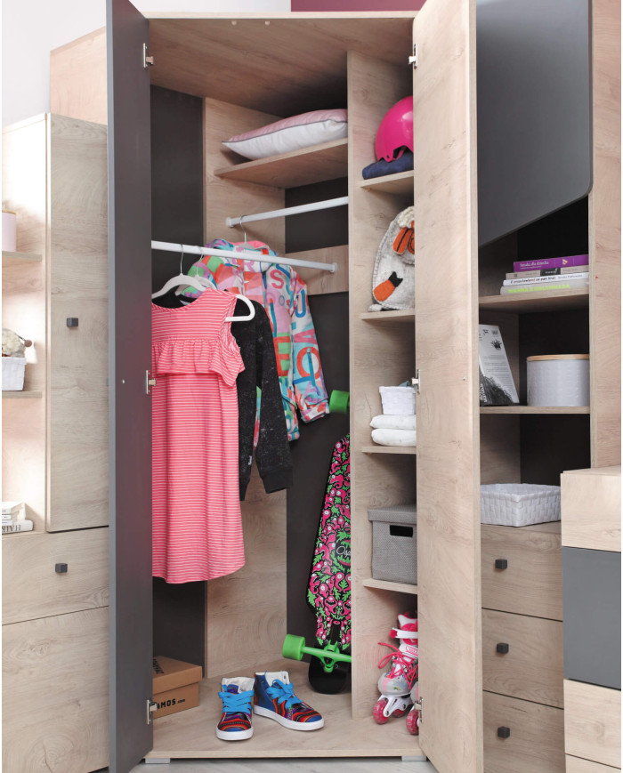 Szafa narożna Delta DL02, dwudrzwiowa, półki wewnętrzne, drążki, Dąb/ Antracyt, MEBIN