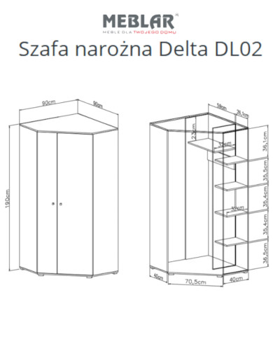 Szafa narożna Delta DL02, dwudrzwiowa, półki wewnętrzne, drążki, Dąb/ Antracyt, MEBIN