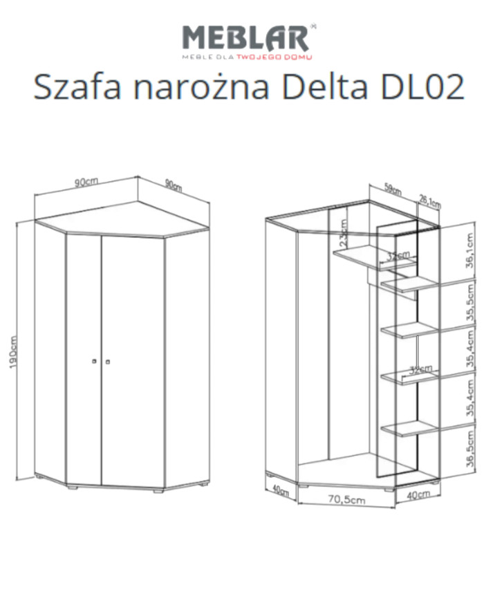 Szafa narożna Delta DL02, dwudrzwiowa, półki wewnętrzne, drążki, Dąb/ Antracyt, MEBLAR