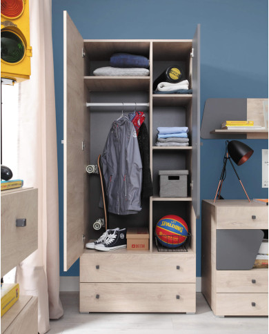 Szafa Delta DL03, dwudrzwiowa z szufladami, drążek, półki, Dąb/ Antracyt, MEBLAR