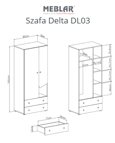 Szafa Delta DL03, dwudrzwiowa z szufladami, drążek, półki, Dąb/ Antracyt, MEBLAR