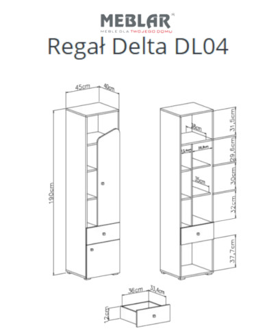 Regał Delta DL04, wnęki regałowe, drzwi, szuflada, Dąb/ Antracyt, MEBLAR