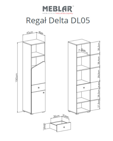 Regał Delta DL05, wnęki regałowe, drzwi, szuflada, Dąb/ Antracyt, MEBLAR