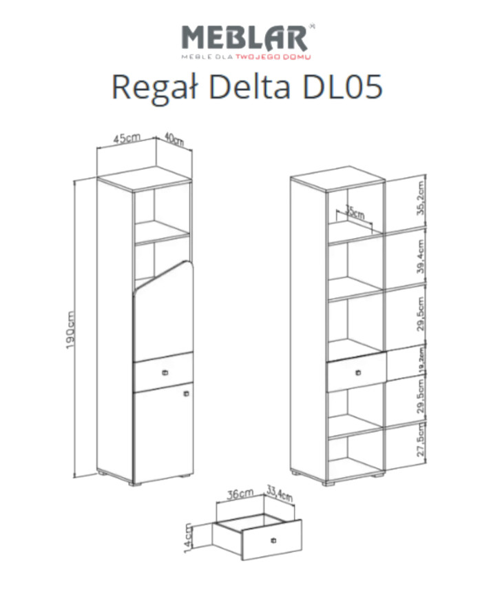 Regał Delta DL05, wnęki regałowe, drzwi, szuflada, Dąb/ Antracyt, MEBLAR
