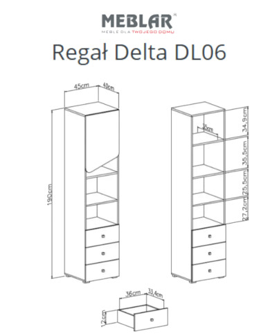 Regał Delta DL06, wnęki regałowe, drzwi, szuflada, Dąb/ Antracyt, MEBLAR