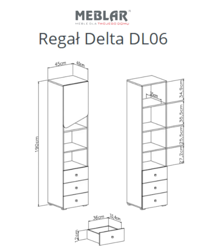 Regał Delta DL06, wnęki regałowe, drzwi, szuflada, Dąb/ Antracyt, MEBLAR