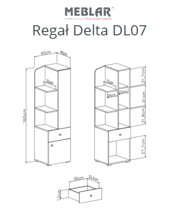 Regał Delta DL07, wnęki regałowe, drzwi, szuflada, Dąb/ Antracyt, MEBLAR