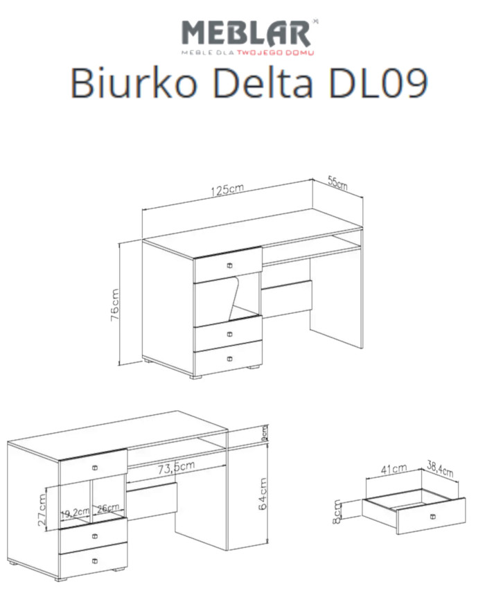 Biurko Delta DL09, drzwi, szuflady, wnęki regałowe, Dąb/ Antracyt, MEBLAR