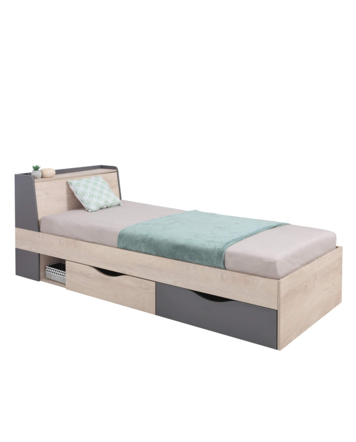 Łóżko Delta DL14, powierzchnia 90x200 cm, szuflady, wnęka, otwierane wezgłowie, Dąb/ Antracyt, MEBLAR