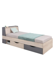 Łóżko Delta DL14, powierzchnia 90x200 cm, szuflady, wnęka, otwierane wezgłowie, Dąb/ Antracyt, MEBLAR