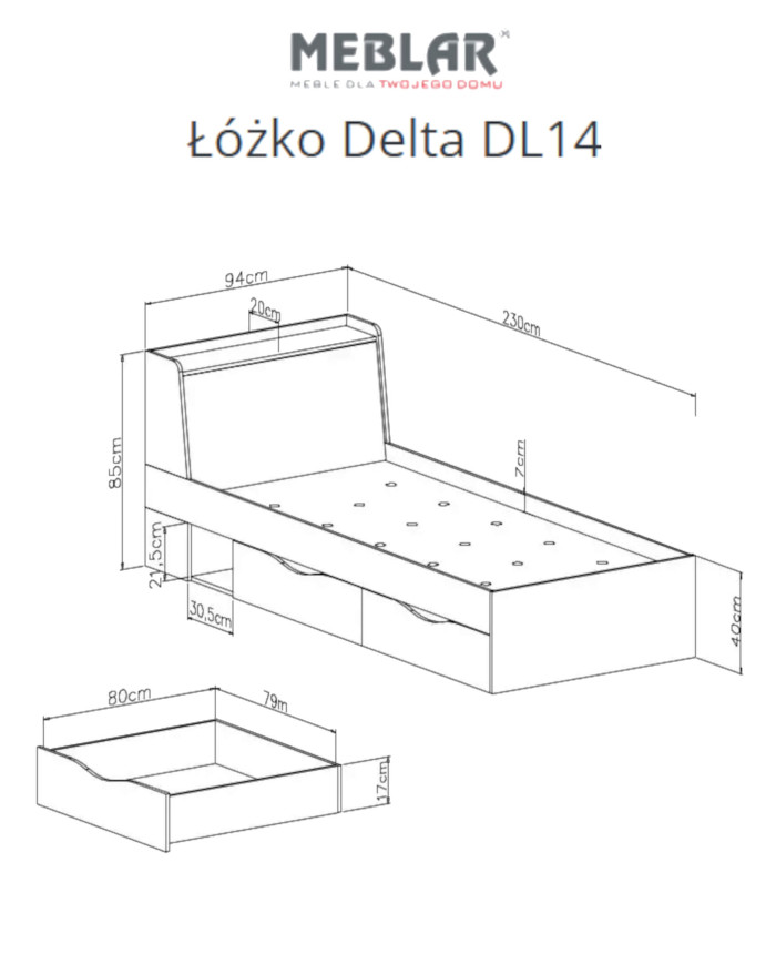 Łóżko Delta DL14, powierzchnia 90x200 cm, szuflady, wnęka, otwierane wezgłowie, Dąb/ Antracyt, MEBLAR