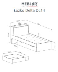 Łóżko Delta DL14, powierzchnia 90x200 cm, szuflady, wnęka, otwierane wezgłowie, Dąb/ Antracyt, MEBLAR
