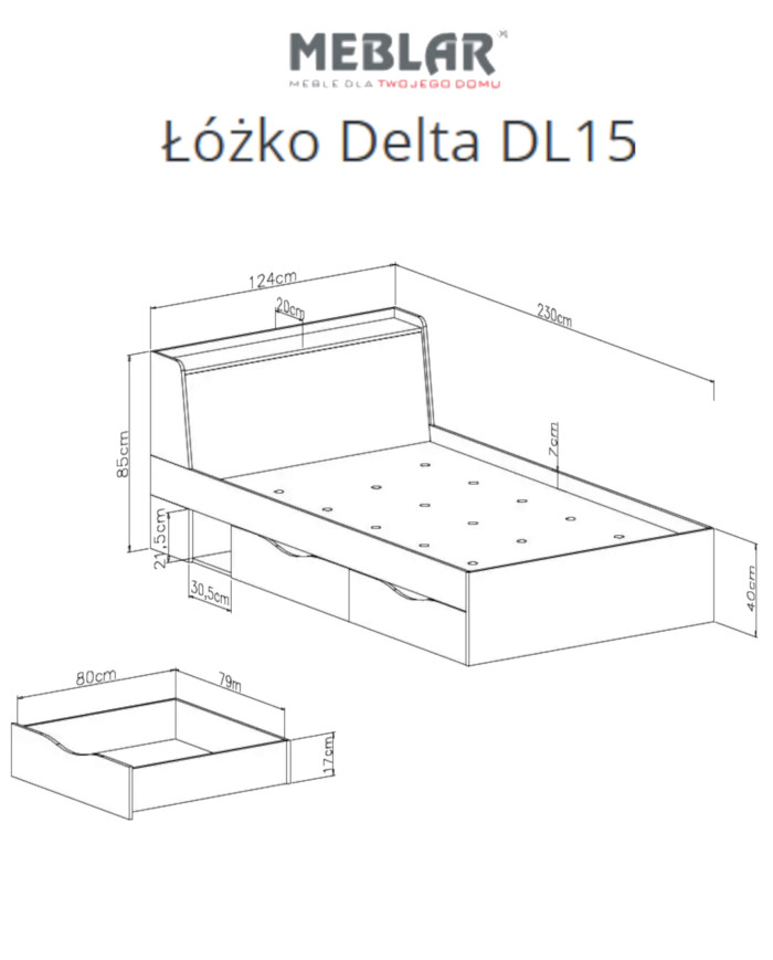 Łóżko Delta DL15, powierzchnia 120x200 cm, szuflady, wnęka, otwierane wezgłowie, Dąb/ Antracyt, MEBLAR
