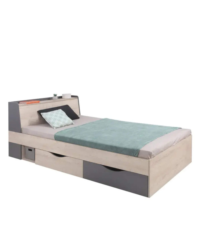 Łóżko Delta DL15, powierzchnia 120x200 cm, szuflady, wnęka, otwierane wezgłowie, Dąb/ Antracyt, MEBLAR
