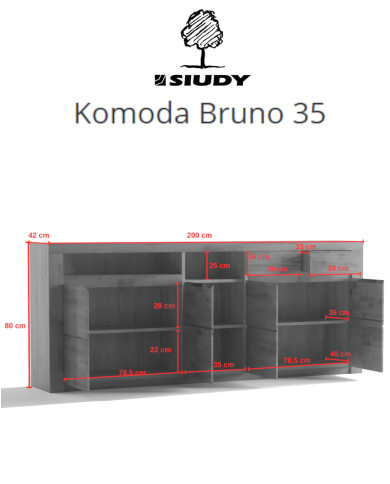 Komoda Bruno 35, czterodrzwiowa z regałem i szufladami, front dąb lity olejowany, SIUDY