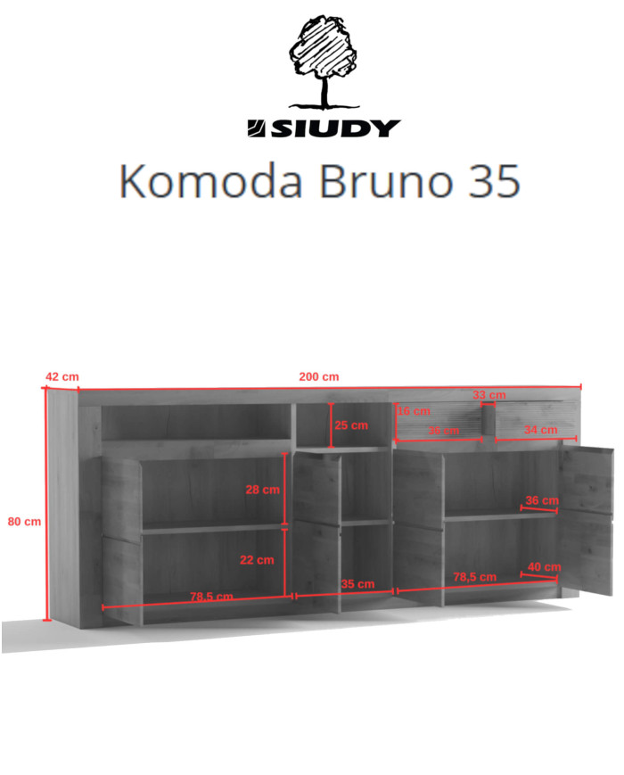 Komoda Bruno 35, czterodrzwiowa z regałem i szufladami, front dąb lity olejowany, SIUDY