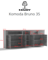 Komoda Bruno 35, czterodrzwiowa z regałem i szufladami, front dąb lity olejowany, SIUDY