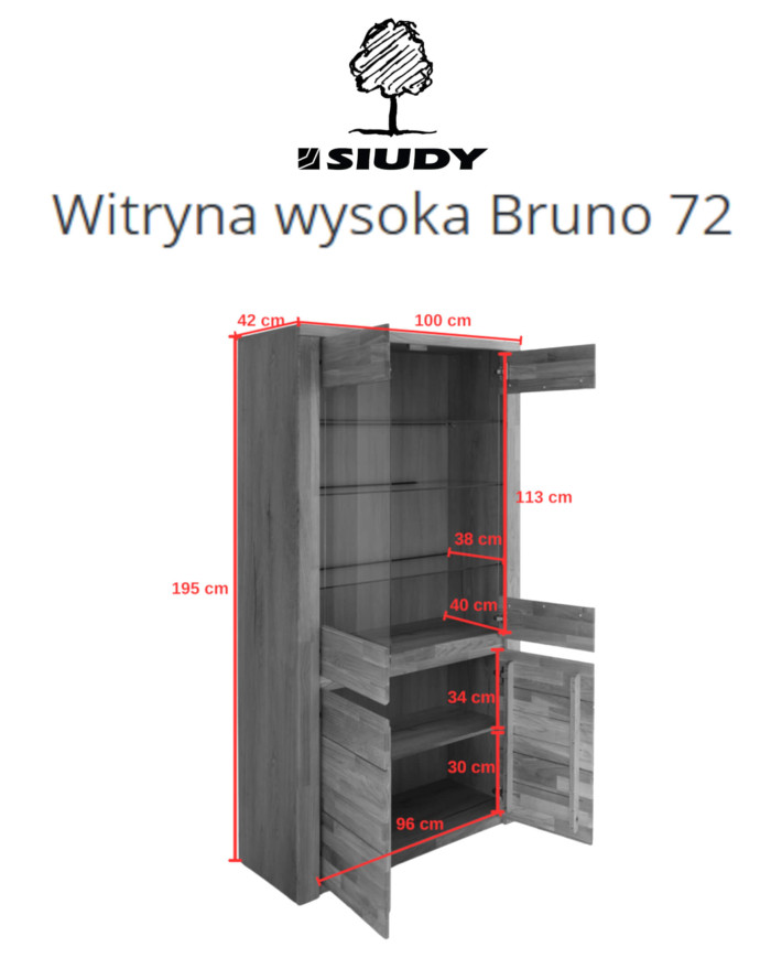 Witryna wysoka Bruno 72, dwudrzwiowa, przeszklona, front lity dąb olejowany, SIUDY