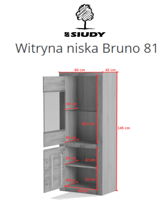 Witryna niska Bruno 81, dwudrzwiowa, przeszklona, front lity dąb olejowany, SIUDY