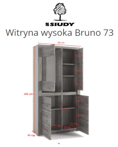 Witryna wysoka Bruno 73, czterodrzwiowa, przeszklona, front lity dąb olejowany, SIUDY