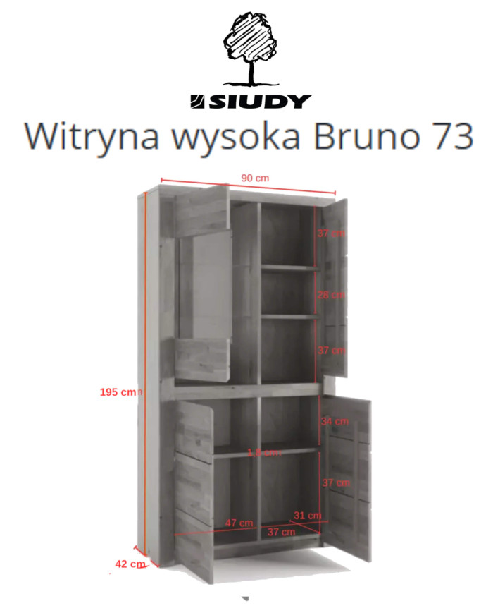 Witryna wysoka Bruno 73, czterodrzwiowa, przeszklona, front lity dąb olejowany, SIUDY
