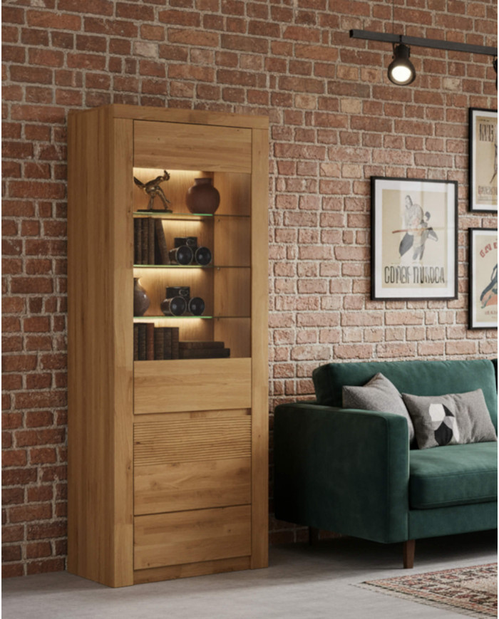 Witryna wąska Bruno 90 P, prawa, dwudrzwiowa, przeszklona, front lity dąb olejowany, SIUDY