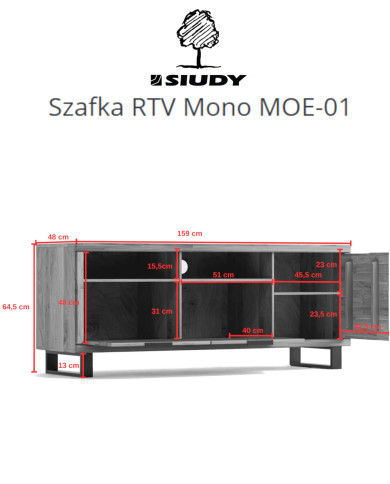 Szafka RTV Mono Loft MOE-01, z drzwiami i wnęką na sprzęt, front lity dąb olejowany, SIUDY