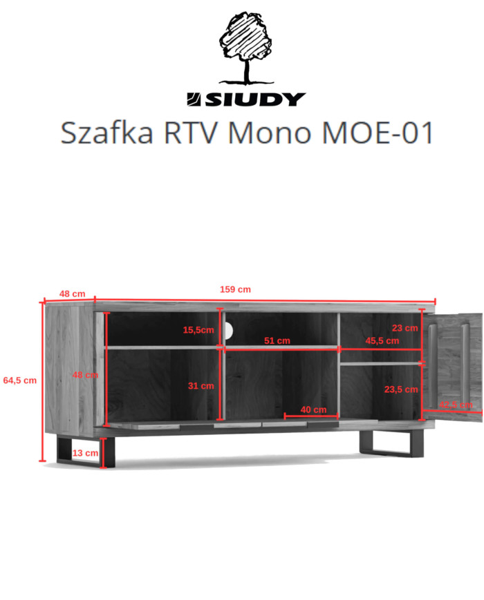 Szafka RTV Mono Loft MOE-01, z drzwiami i wnęką na sprzęt, front lity dąb olejowany, SIUDY