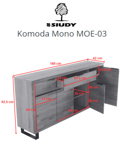 Komoda Mono Loft MOE-03, czterodrzwiowa z szufladami, front dąb lity olejowany, SIUDY