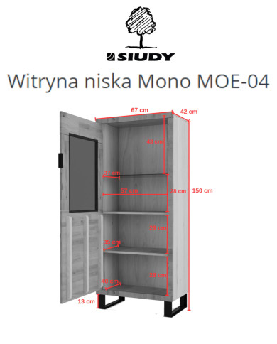 Witryna niska Mono Loft MOE-04, jednodrzwiowa, przeszklona, front lity dąb olejowany, SIUDY