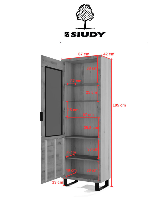 Witryna wąska Mono Loft MOE-06, jednodrzwiowa, przeszklona, front lity dąb olejowany, SIUDY