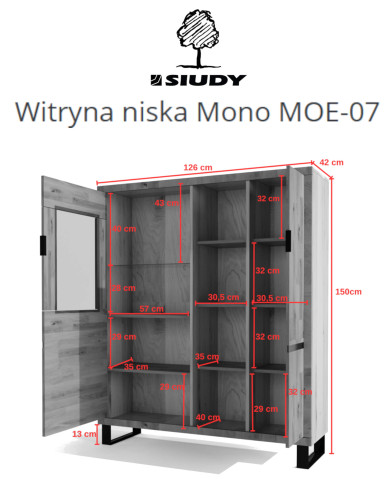 Witryna niska Mono Loft MOE-07, dwudrzwiowa, przeszklona, regał, front lity dąb olejowany, SIUDY