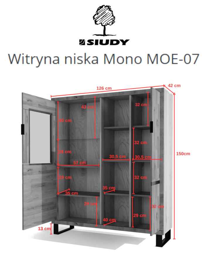 Witryna niska Mono Loft MOE-07, jednodrzwiowa, przeszklona, front lity dąb olejowany, SIUDY