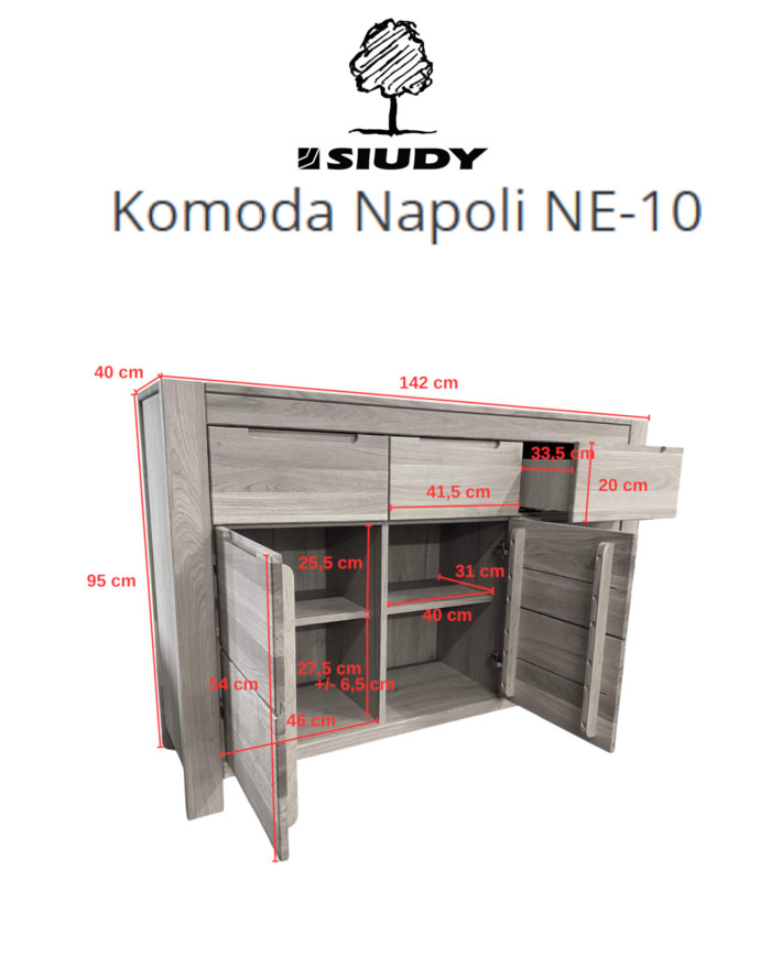 Komoda Napoli NE-10, trzydrzwiowa z szufladami, front dąb lity olejowany, SIUDY