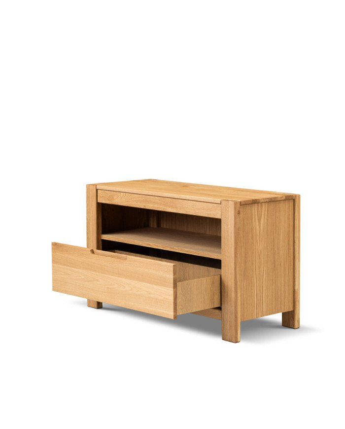 Szafka RTV Napoli NE-40, wąska, z szufladą i wnęką na sprzęt, front lity dąb olejowany, SIUDY