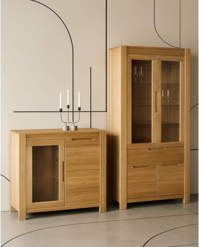 Witryna wysoka Napoli NE-70, czterodrzwiowa z szufladą, przeszklona, front lity dąb olejowany, SIUDY