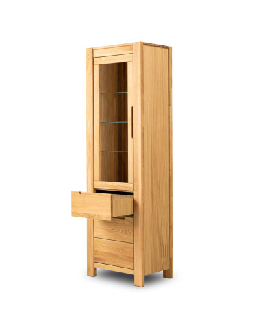 Witryna wąska Napoli NE-75, uniwersalna L/P, dwudrzwiowa z szufladą, przeszklona, front lity dąb olejowany, SIUDY