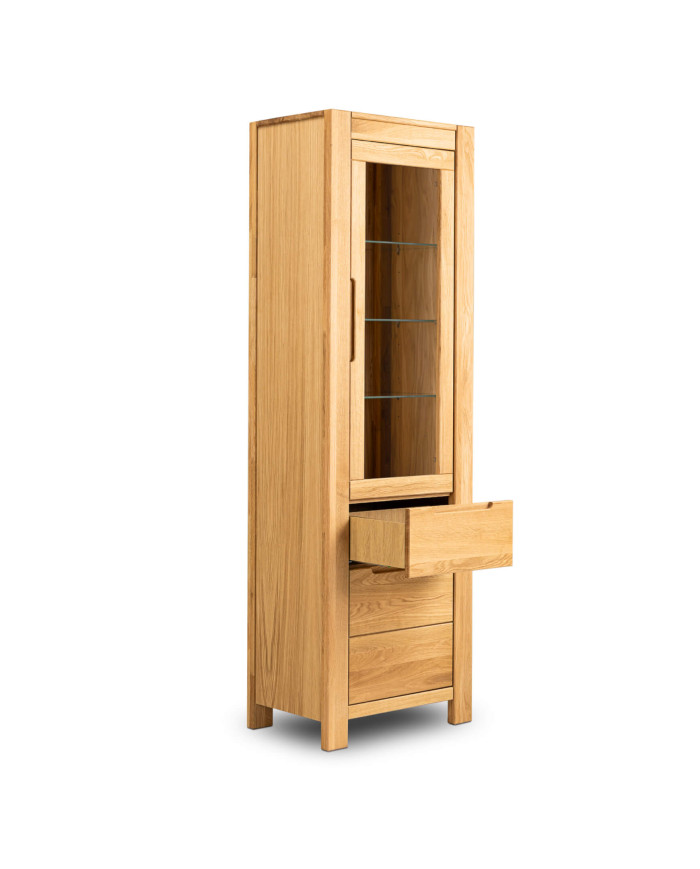 Witryna wąska Napoli NE-75, uniwersalna L/P, dwudrzwiowa z szufladą, przeszklona, front lity dąb olejowany, SIUDY
