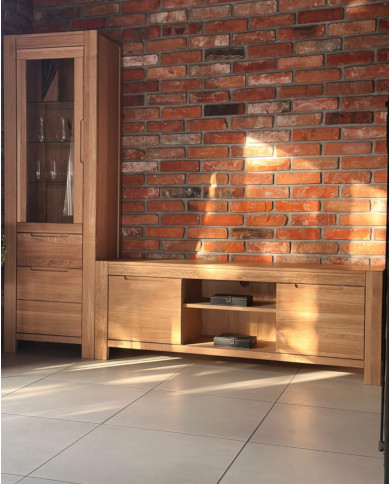 Witryna wąska Napoli NE-75, uniwersalna L/P, dwudrzwiowa z szufladą, przeszklona, front lity dąb olejowany, SIUDY