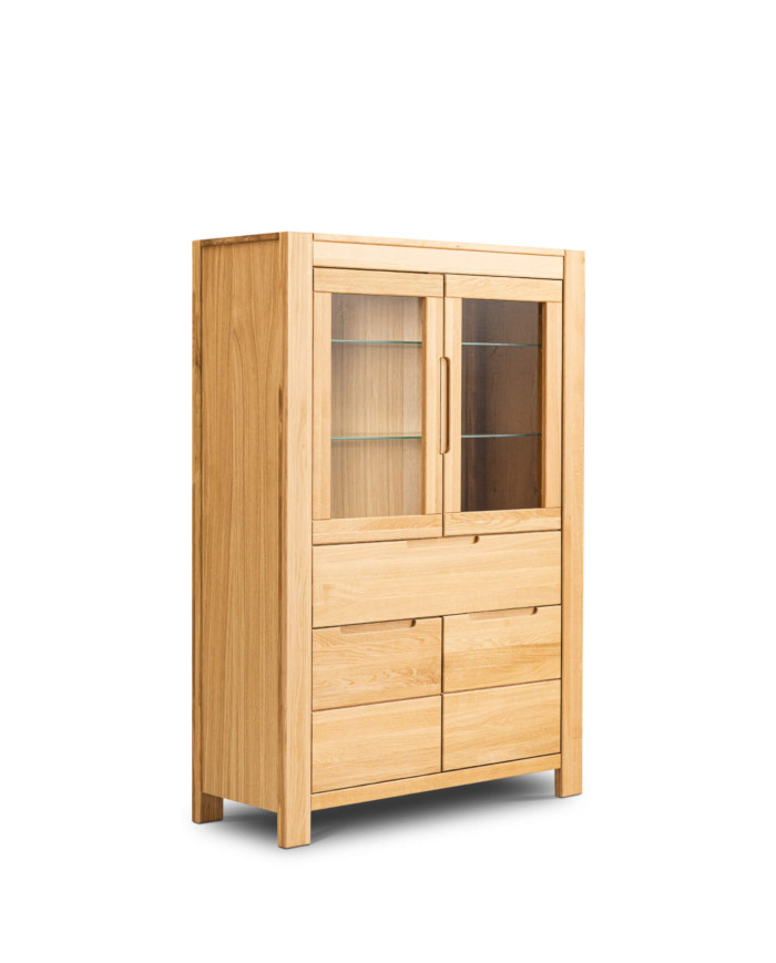 Witryna niska Napoli NE-80, czterodrzwiowa z szufladą, przeszklona, front lity dąb olejowany, SIUDY