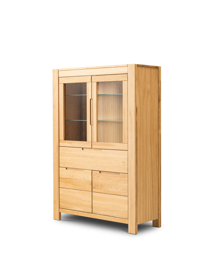 Witryna niska Napoli NE-80, czterodrzwiowa z szufladą, przeszklona, front lity dąb olejowany, SIUDY