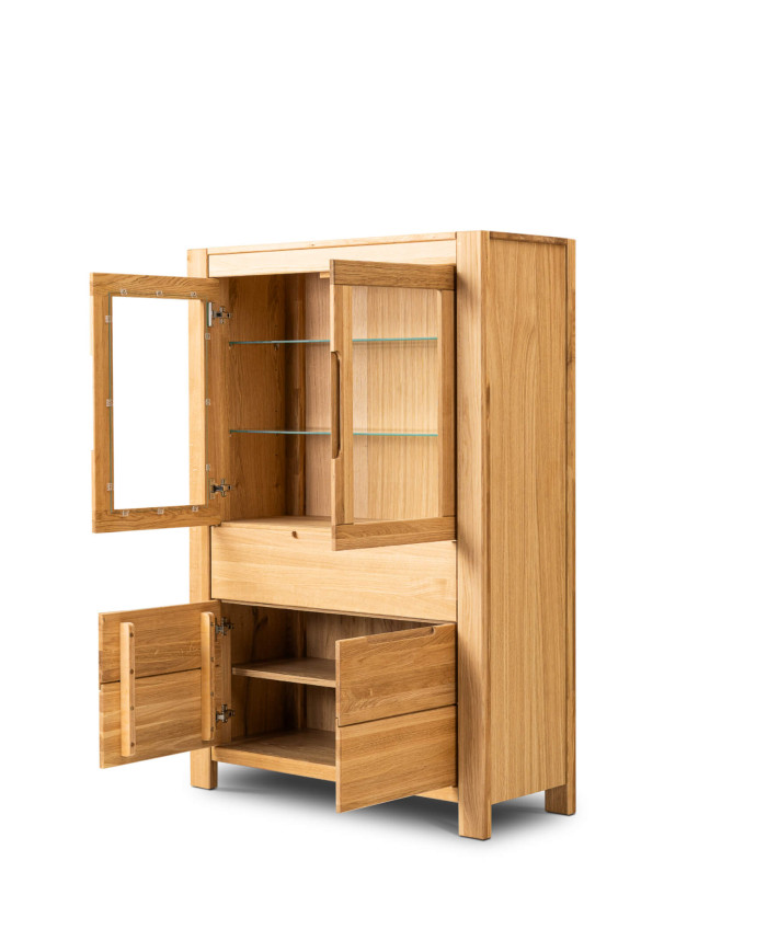 Witryna niska Napoli NE-80, czterodrzwiowa z szufladą, przeszklona, front lity dąb olejowany, SIUDY