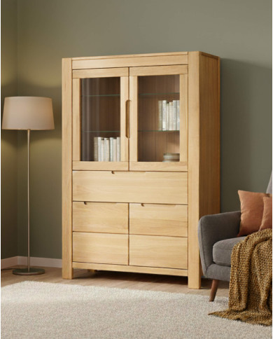 Witryna niska Napoli NE-80, czterodrzwiowa z szufladą, przeszklona, front lity dąb olejowany, SIUDY